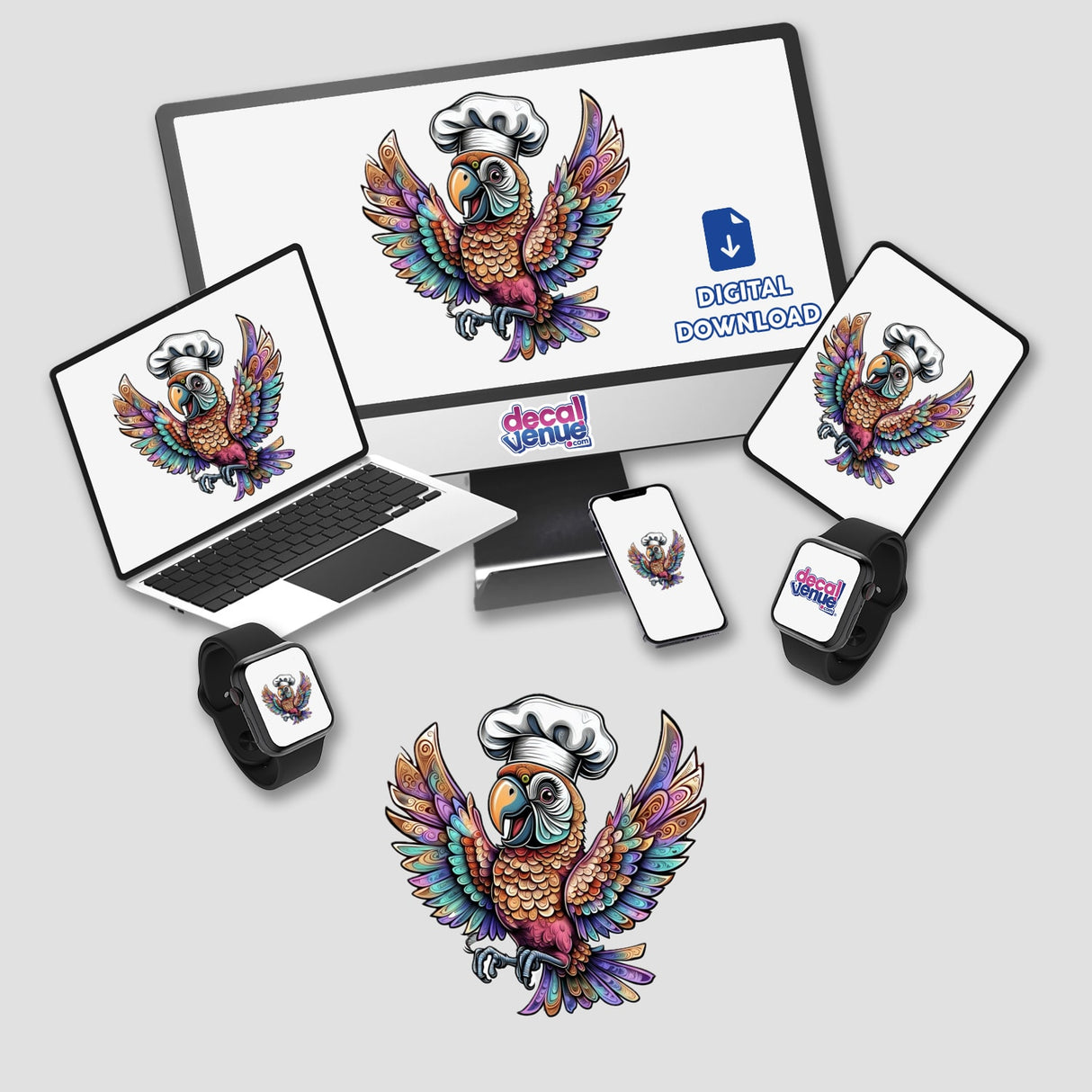 Colorful Chef Parrot with Vibrant Feathers and a Chef Hat depicted on a laptop and monitor screen, part of Decal Venue's unique vinyl stickers and digital art collection.