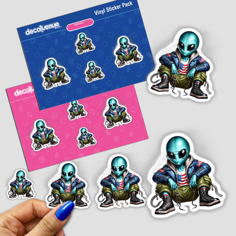 Patriotic Leather Alien Aviator Sunglasses - Unique digital artwork stickers featuring stylized alien characters in various poses, available at Decal Venue online store.