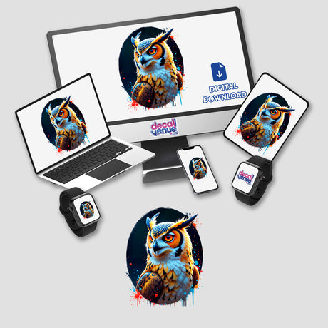 A Cool Hybrid Hawk Owl displayed on a computer monitor and laptop, available as unique stickers or digital artwork from Decal Venue.