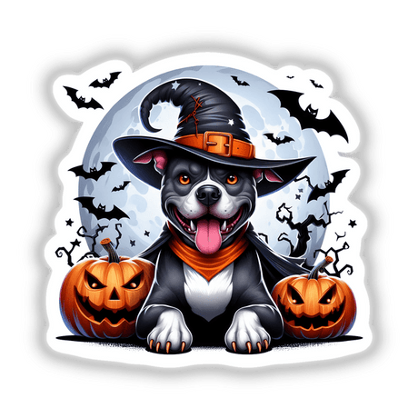 Playful Halloween Pitbull Dog with Pumpkins and Bats