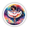 Afro Ballerina Dancing Among Night Stars: A cartoon ballerina in mid-dance, wearing a pink dress with a flower in her hair, available as stickers or digital artwork.