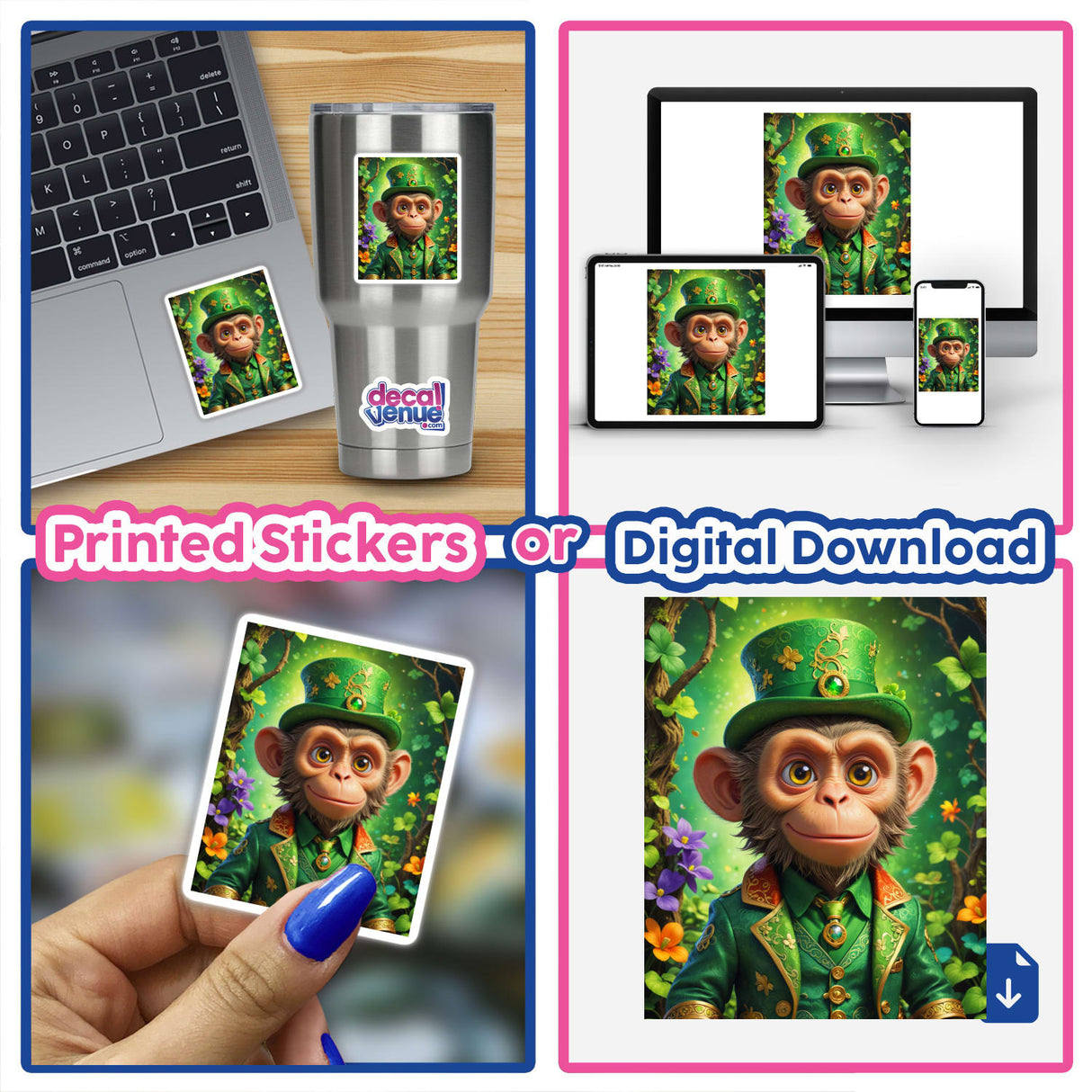 St. Patrick's Day Leprechaun Monkey collage featuring cartoon monkeys in green attire, depicted on a stainless steel mug and digital artwork, available as stickers or digital art from Decal Venue.