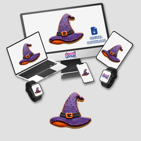 Witch Hat-Shaped Halloween Cookie displayed on a computer monitor and laptop, available as stickers or digital artwork from Decal Venue.