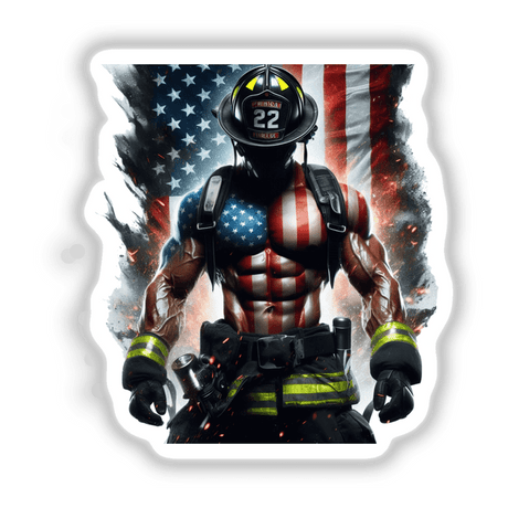 Muscular American Firefighter action figure, depicted with a flag, helmet, and firefighting gear. Available as stickers or digital artwork, representing strength and heroism in a stylized, collectible form.