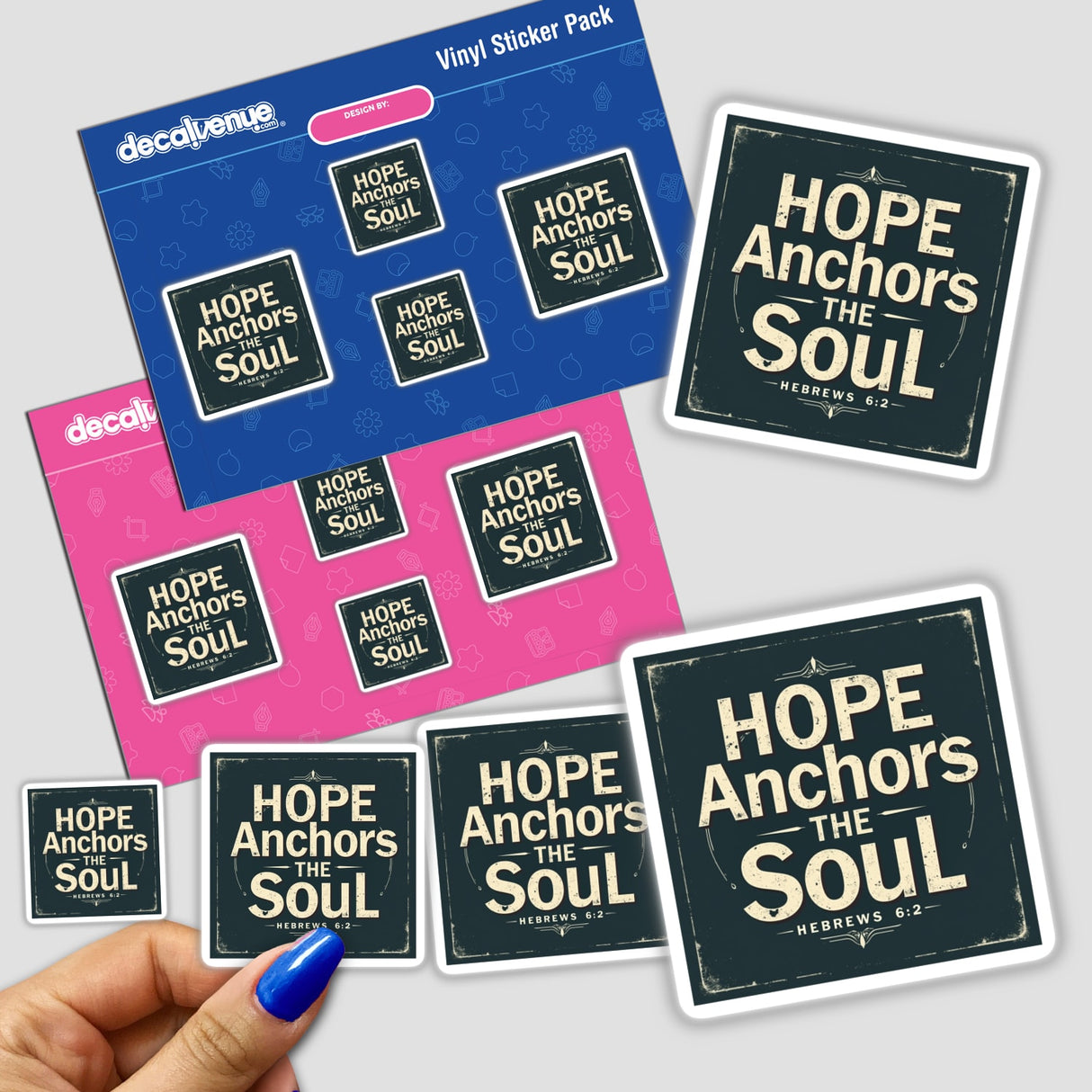 Hand holding the Hope Anchors the Soul sticker pack, inspired by Hebrews 6:19, featuring uplifting Christian affirmations. Available as stickers or digital artwork with commercial rights.