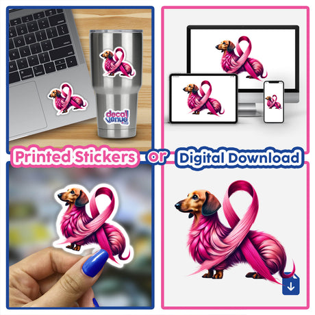 Collage of Pink Ribbon Dachshund Dog Breast Cancer stickers and digital downloads featuring a dachshund with a pink ribbon, displayed on cups, laptops, and held by a person.