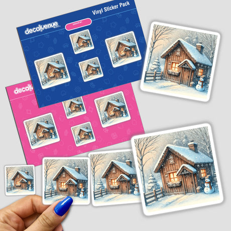 Hand holding a sticker pack titled Cozy Winter Cabin in the Snow, featuring a snowman, a house, and wintery elements.