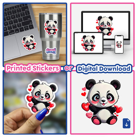 A collection of A Cute Panda Bear With Love Hearts stickers and digital artwork, featuring cartoon pandas with hearts on items like laptops, cups, and phones, highlighting Decal Venue's unique offerings.