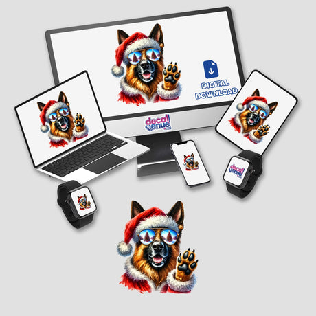 German Shepherd Dog in Santa Outfit displayed on a computer monitor and laptop, showcasing the dog wearing a Santa hat and sunglasses. Available as stickers or digital artwork from Decal Venue.