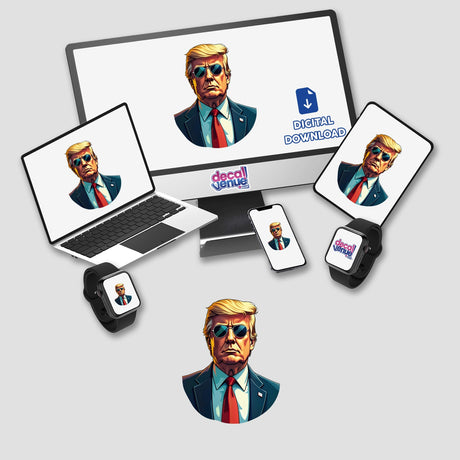 President Donald Trump depicted as a cartoon wearing sunglasses and a suit, featured on a laptop screen, available as stickers or digital artwork from Decal Venue.