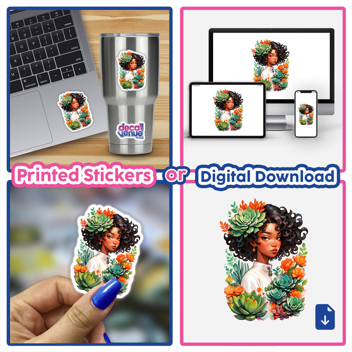 Botanical Afro-Korean Portrait Sticker | Succulent-Inspired Design featuring a woman with flowers and succulents, shown on a laptop and held in hand. Available as stickers or digital artwork.