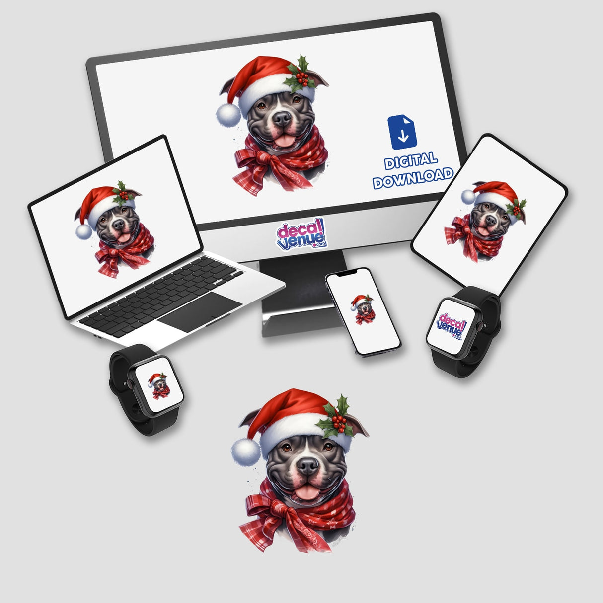 Christmas Pitbull Dog in Santa Hat displayed on a computer monitor, laptop, and tablet. Available as stickers or digital artwork from Decal Venue, showcasing unique festive-themed designs.