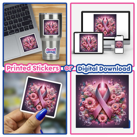 Breast Cancer Silver Series 3: A collage featuring pink ribbons, flowers, and a person painting a fingernail, available as unique stickers or digital artwork from Decal Venue.