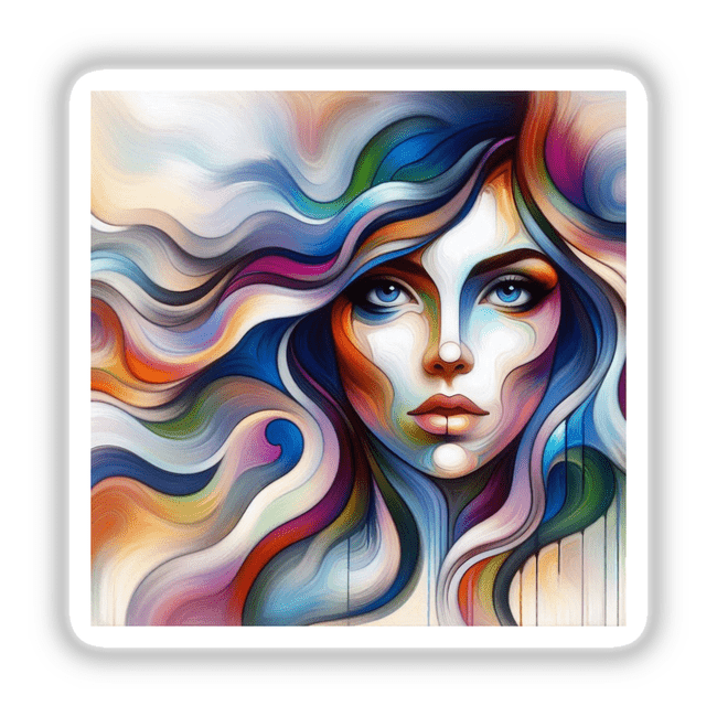 Multi color woman artwork featuring a close-up of a face with vibrant hair, available as stickers or digital artwork.