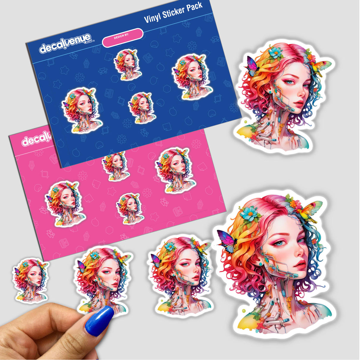 Futuristic Robotic Goddess Sticker Design: Divine and Metallic Aesthetic featuring a woman's face with colorful hair and butterflies, held in a hand, available as stickers or digital artwork.