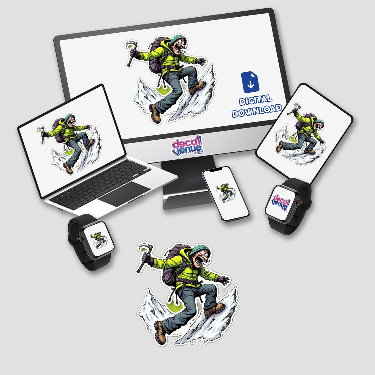 Computer monitor and laptop displaying 'Alpinista Sedento' digital artwork of a man climbing a mountain, available as stickers or digital art.