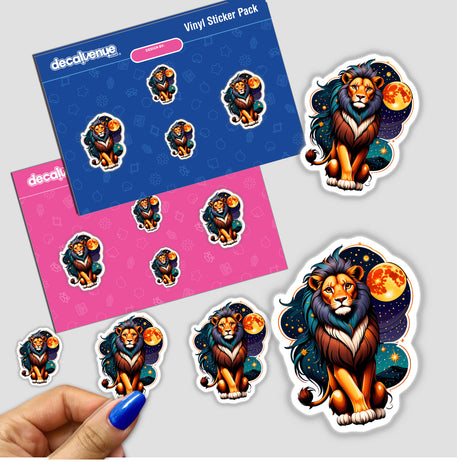 Cool Lion With A Starry Night sticker featuring a cartoon lion with a blue mane, held by a hand. Available as a sticker or digital artwork from Decal Venue.