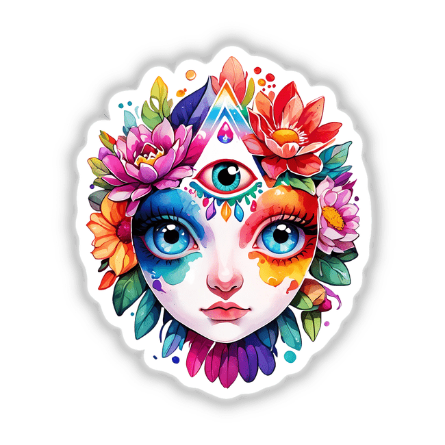 Enlightened Vision: Rainbow Floral Third Eye - A cartoon woman with floral elements and a triangle on her forehead, focusing on eyes and flowers. Available as stickers or digital artwork.