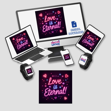 Love is Eternal Neon Glow Design featuring a laptop screen displaying a vibrant pink and purple neon sign with hearts and flowers, available as stickers or digital artwork.