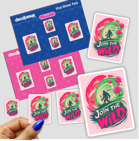 Join The Wild With Bigfoot sticker featuring a cartoon Bigfoot illustration accompanied by playful text, perfect for fans of unique, whimsical decals from Decal Venue.