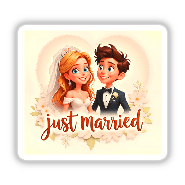 A Cute Bride And Groom Just Married illustration featuring a boy in a tuxedo and a partner, available as stickers or digital artwork from Decal Venue.