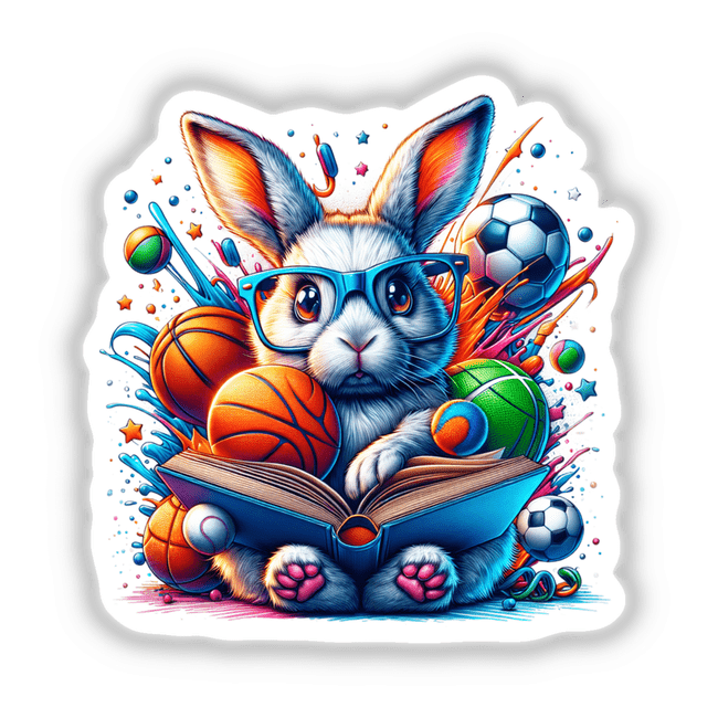 Bunny Rabbit Reading a Book with Glasses and Sports Balls, a whimsical illustration perfect as a sticker or digital art, featuring a rabbit enjoying a book surrounded by sports balls.