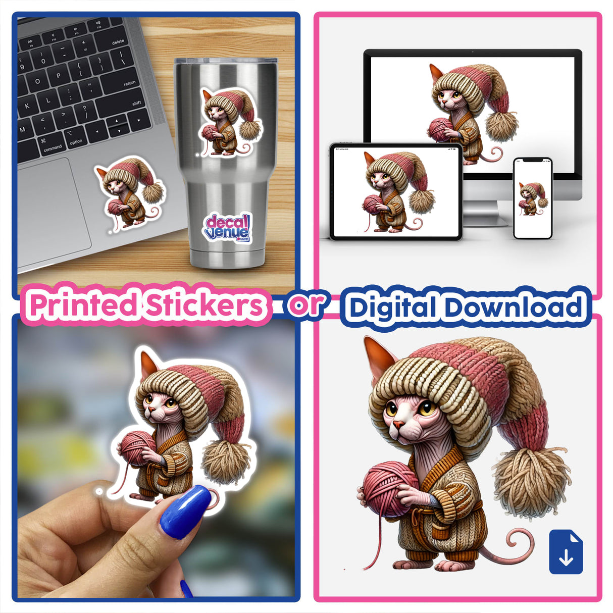 Sphynx Cat Gnome Holding Ball of Yarn as a cartoon sticker or digital artwork, featuring a cat in a knitted hat and robe, perfect for decorating laptops and other surfaces.