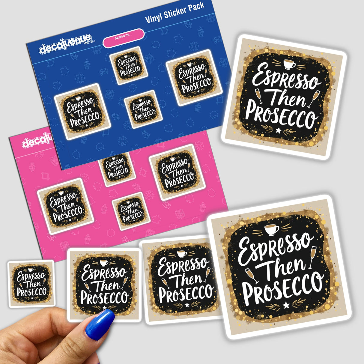 Hand holding the Espresso Then Prosecco Sticker, featuring elegant coffee and wine-themed clipart. Perfect for drink enthusiasts, available as stickers or digital artwork from Decal Venue.