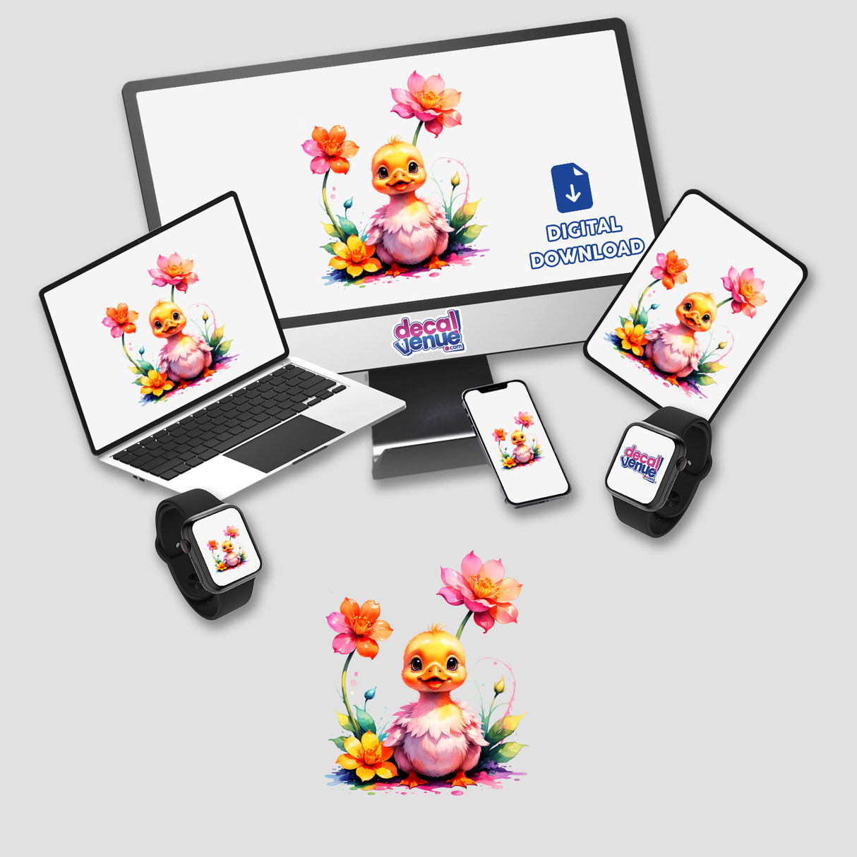 Cute baby duck with blooming flowers displayed on a computer monitor and laptop screen, offered as stickers or digital artwork by Decal Venue.