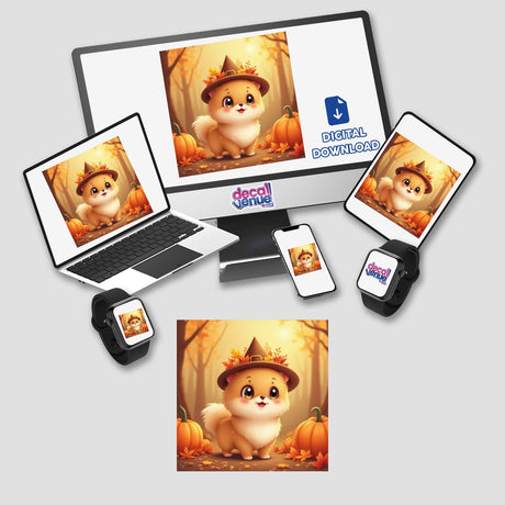 Thanksgiving Pomeranian Sticker & Clipart features a cartoon dog in a leafy hat on digital devices, ideal for stickers or artwork.