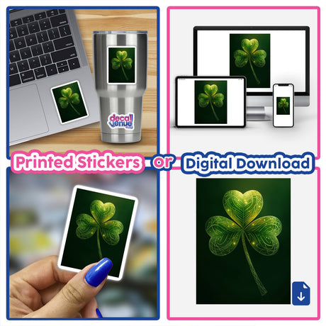 Mystical Shamrock – Green Clover with Glowing Gold Swirls featured as a digital artwork collage, showcasing its intricate design across various gadgets like a laptop, phone, and silver mug.