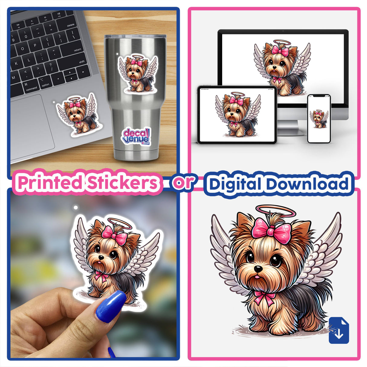 Halo and Wings Yorkie Angel Dog stickers and digital artwork collage, featuring a cartoon dog with wings and a bow on various items like laptops and cups.