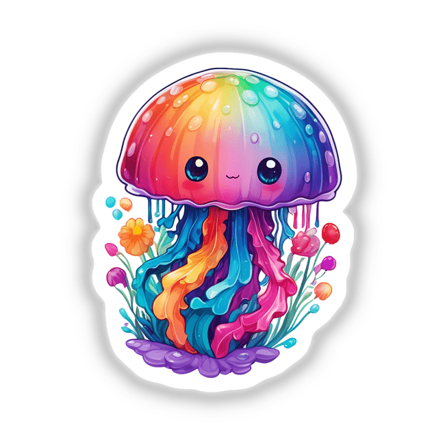 Cartoon of a rainbow jellyfish, available as stickers or digital artwork.