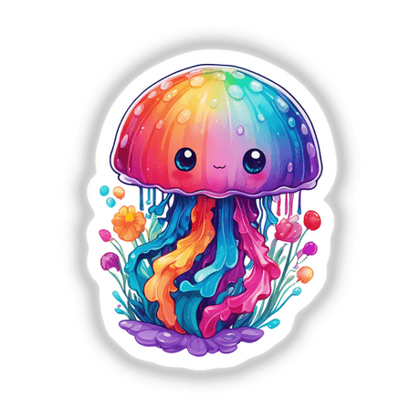 Cartoon of a rainbow jellyfish, available as stickers or digital artwork.