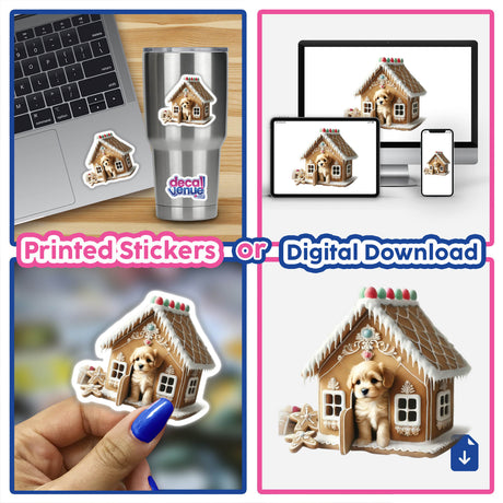 Puppy Peeking Out of a Gingerbread House sticker collage featuring close-ups of the design on laptops and hands, available as stickers or digital artwork.