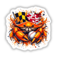 Orange Crab Baseball Maryland Flag Splatter: Cartoon crab holding a baseball and Maryland flag, available as stickers or digital artwork.