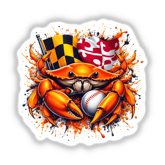 Orange Crab Baseball Maryland Flag Splatter: Cartoon crab holding a baseball and Maryland flag, available as stickers or digital artwork.