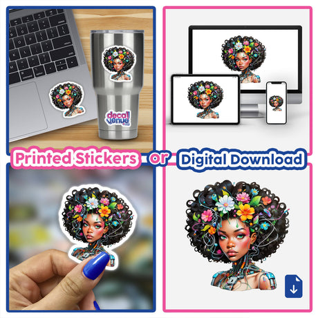 Sticker collage titled Afro-Tech Fusion: Sticker Design of an Afro Portrait with Wires and Cables, featuring multiple images of a woman adorned with flowers and tech elements, including close-ups of nails and devices.