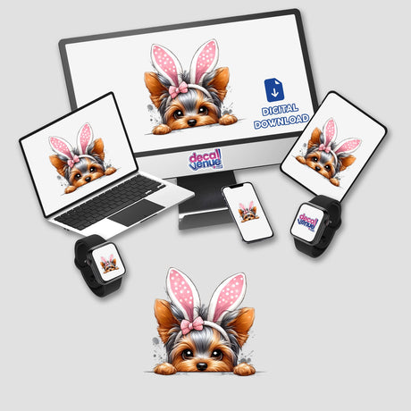 Peeking Easter Yorkie Bunny artwork displayed on a computer monitor and laptop, featuring a dog with bunny ears. Available as stickers or digital art from Decal Venue.