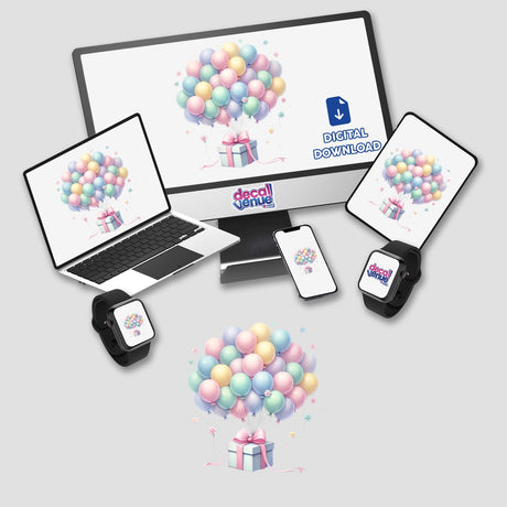 Pastel-colored balloon bouquet tied to a gift box, displayed across various digital devices including a laptop, smartphone, and smartwatch from the Decal Venue store.