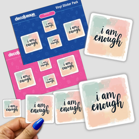 Hand holding an I Am Enough Positive Affirmation Sticker, available as a digital download clipart with commercial rights. Close-up details show the sticker's inspirational text.