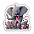 Elephant Unity and Strength Pink Ribbon Breast Cancer sticker featuring cartoon animals including an elephant with a pink ribbon, cat, pig, lion, and bird. Available as stickers or digital artwork.