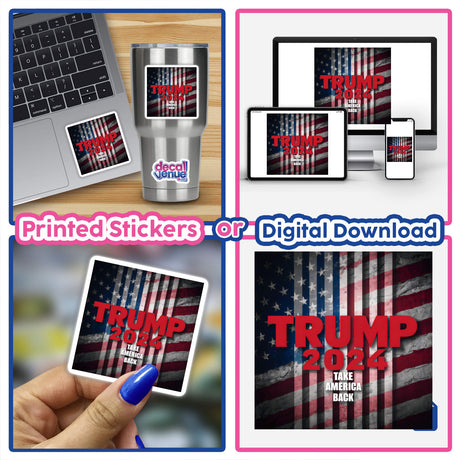 Trump "Take Back America 2024" digital artwork displayed on various electronic devices. The design features the American flag along with the Trump logo and slogan.