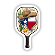 Pickleball Paddle Texas State Theme Cowboy Hat features a cowboy hat and cactus design, perfect for stickers or digital artwork, embodying a playful Texas spirit with unique, artistic flair.