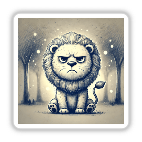 Grumpy Lion in the Forest: A cartoon lion with a grumpy expression sitting amid trees, available as stickers or digital artwork.