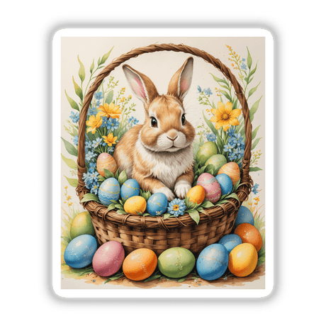 A Cute Easter Bunny in a Basket with Eggs features a rabbit nestled among colorful eggs, available as stickers or digital artwork from Decal Venue.