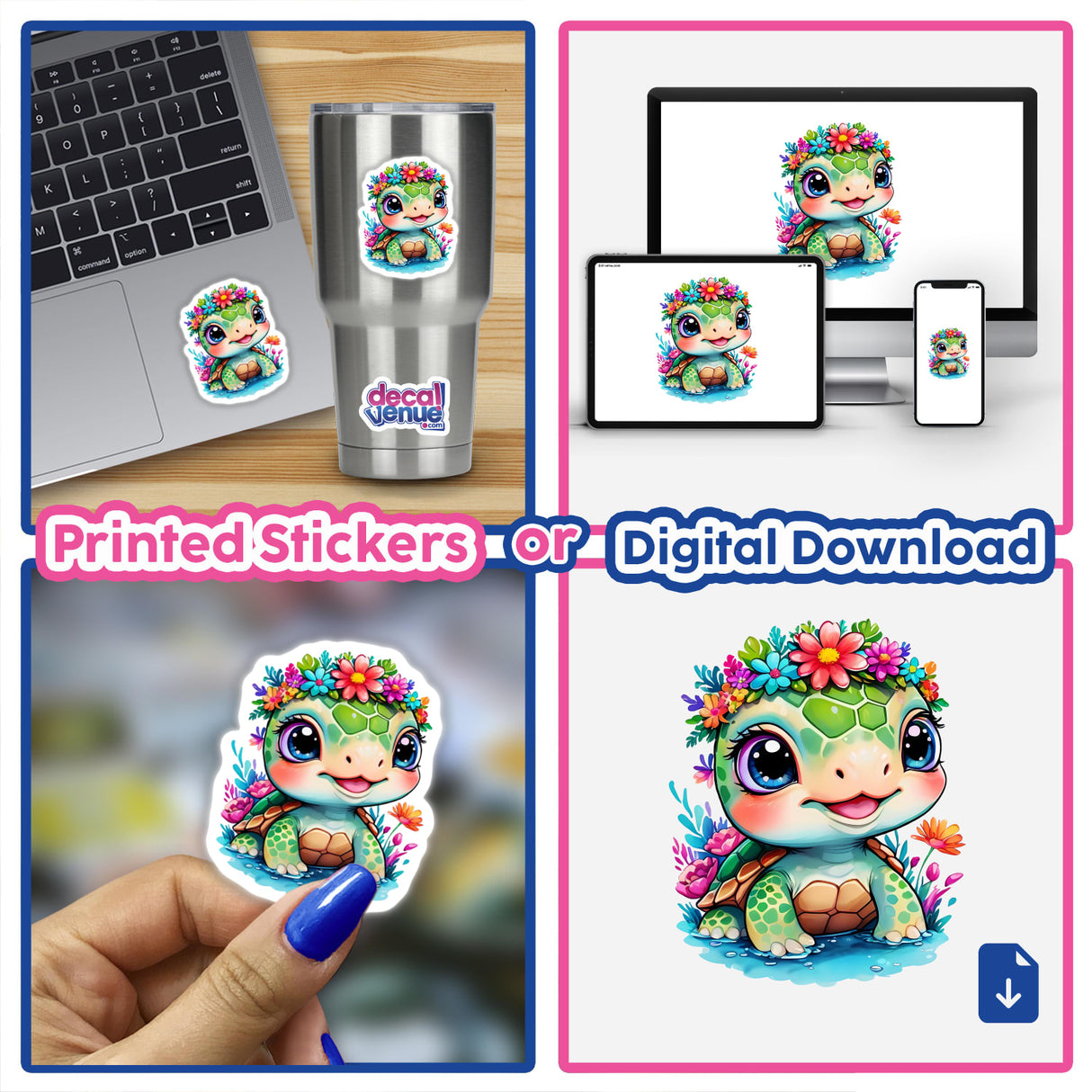 Adorable Baby Turtle: Big Eyes and Flower Crown with Floral Splash, showcased as stickers and digital artwork, featuring a cartoon turtle adorned with flowers.