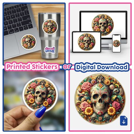 Day of the Dead-themed collage featuring skulls intertwined with flowers, available as stickers or digital artwork from Decal Venue.