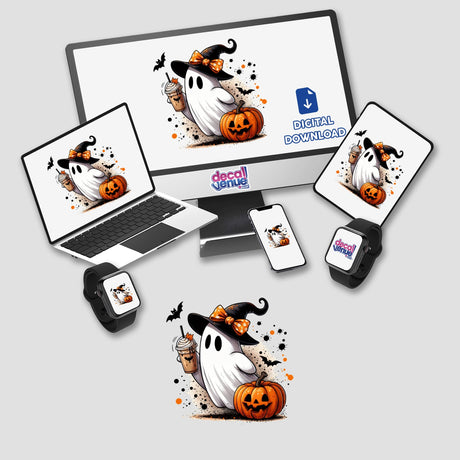 Cute Halloween Ghost w/ Drink and Pumpkin on a computer monitor and laptop screens, available as stickers or digital artwork.