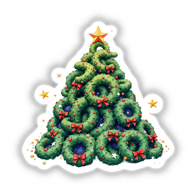 Wreaths Christmas Tree design, featuring a creative arrangement of wreaths with bows, available as unique stickers or digital artwork from Decal Venue, showcasing festive holiday decor.